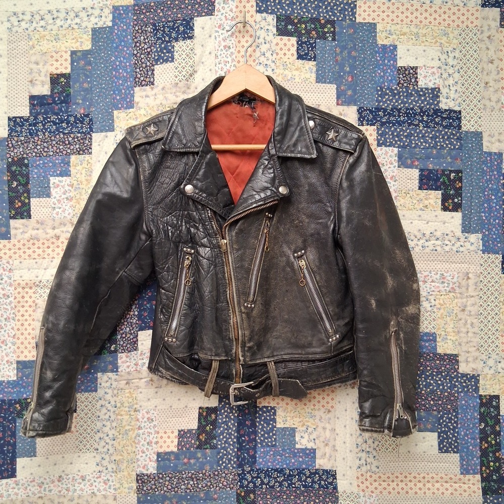 Windward Vintage‎ 1950's Horsehide Leather Star Epault Moto Belted Lined Jacket